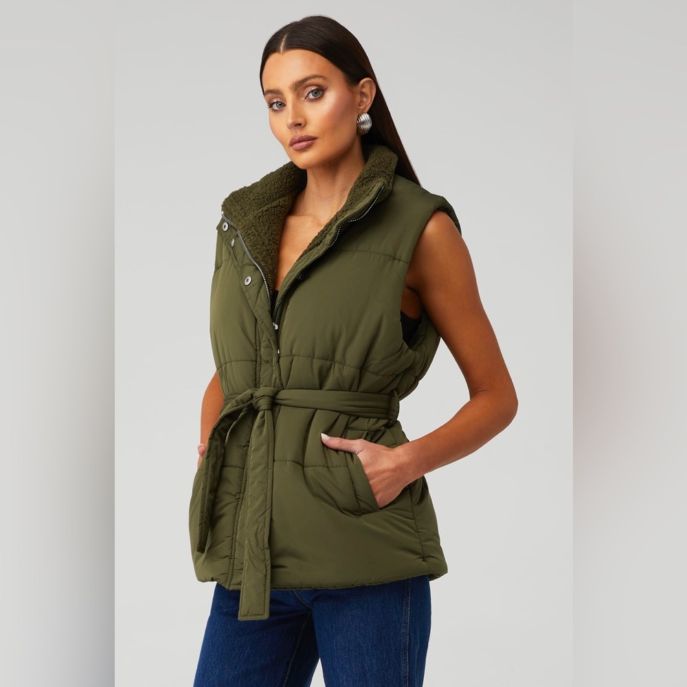 Blank NYC Olive Quilted Vest with Belt CHILL OUT PUFFER VEST, Size Small